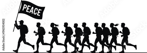 Peace march silhouette, protest group, unity demonstration, flag bearer, collective movement, activism illustration, social justice, solidarity, freedom, awareness, backpacked people