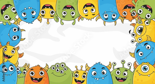 Cute Cartoon Monster Border Frame with Colorful Funny Creatures