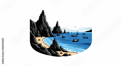 A stylized pixel art depiction of a rocky coastline with boats in the blue ocean
