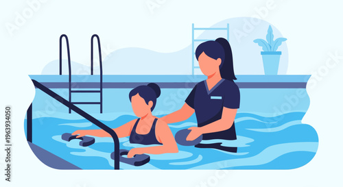 Aquatic Physical Therapy and Hydrotherapy Illustration: Woman in Swimming Pool with Physiotherapist for Rehabilitation and Recovery