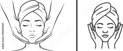 Minimalist line art vector of a woman receiving a facial massage and applying skincare. Elegant black and white illustrations for spa, beauty, and wellness branding.