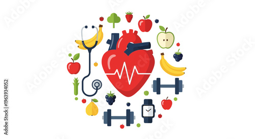 Healthy Lifestyle and Heart Care Concept Vector Illustration with Fruits, Fitness Equipment, and Medical Icons