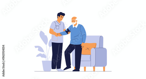 Home Healthcare Illustration: Male Nurse Checking Blood Pressure of Elderly Man