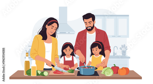 Happy Family Cooking Healthy Meal Together in Kitchen Flat Vector Illustration, Parents and Children Preparing Food at Home Concept