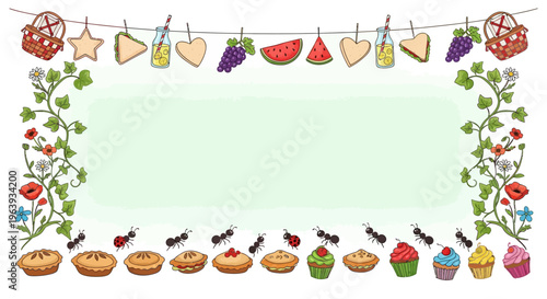 Picnic Party Border Frame with Food and Insects