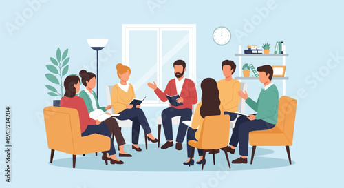 Group of Diverse People Sitting in a Circle for Support Group Meeting, Workshop, or Collaborative Business Discussion Flat Illustration