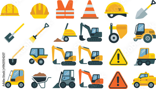 Construction equipment and safety icons set, helmets, tools, excavators, trucks and warning signs, building industry flat vector illustration collection