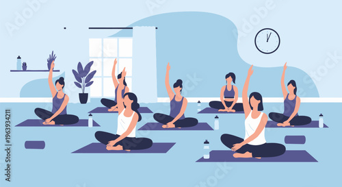Yoga Class Concept: Group of Women Exercising and Meditating in a Modern Studio - Healthy Lifestyle and Wellness Flat Vector Illustration