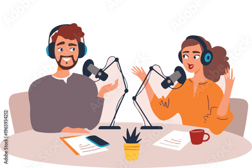 Podcast recording session, radio talk, two hosts, microphone setup, casual studio, conversation, audio production, creative media, teamwork, communication illustration