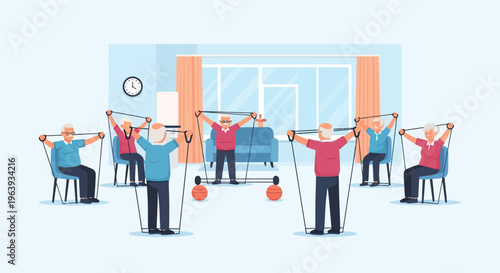 Group of Senior People Doing Resistance Band Exercises in Fitness Class Illustration