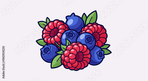 A vibrant illustration of fresh raspberries and blueberries, with green leaves