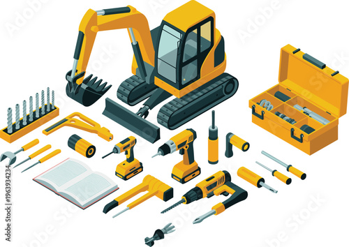 Construction machinery and tools set, excavator, drill, toolbox and hand tools, industrial equipment collection, isometric vector illustration for engineering work