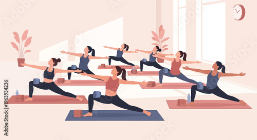 Group of Diverse Women Practicing Yoga in a Bright Studio Flat Vector Illustration for Wellness and Fitness Concepts