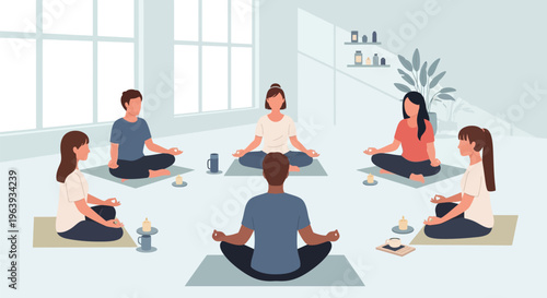 Group Meditation and Yoga Class Illustration with Diverse People Sitting in a Circle in a Bright Modern Wellness Studio