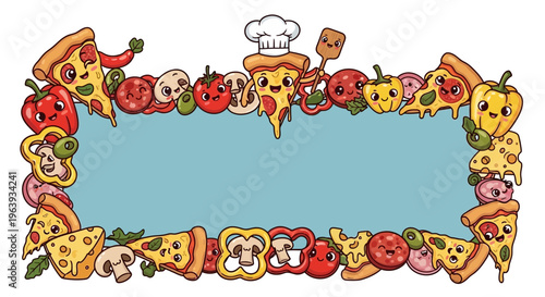 Cute Pizza and Vegetable Cartoon Border Frame