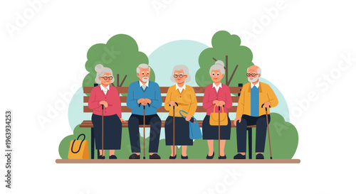Group of Happy Elderly People Sitting on a Park Bench Illustration, Senior Friends Socializing Outdoors, Retirement Community and Active Aging Concept