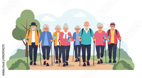 Active Senior Group Nordic Walking in the Park - Flat Vector Illustration