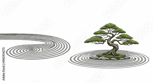 A stylized pixel art Japanese zen garden with a bonsai tree and raked gravel