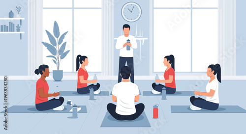 Group Yoga and Meditation Class with Professional Instructor in Modern Studio Flat Vector Illustration
