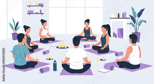 Group Meditation Class Vector Illustration - People Practicing Mindfulness in a Calm Yoga Studio