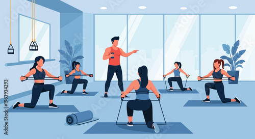 Group Fitness Class with Instructor and Women Performing Lunges with Resistance Bands in a Modern Gym Studio Illustration