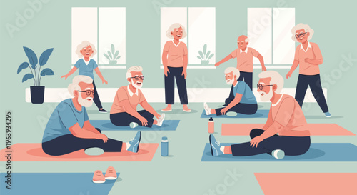 Active Seniors Group Practicing Yoga and Stretching in a Bright Fitness Studio, Healthy Aging and Retirement Wellness Concept Vector Illustration