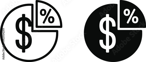 Discount and finance icon with dollar symbol and percentage slice, pricing offer concept minimal outline and solid vector design