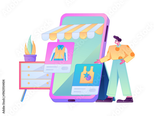 Holiday shopping people doing e-commerce online shopping flat vector concept operation hand drawn illustration
