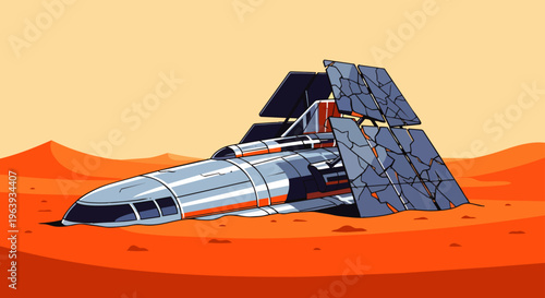 crashed spaceship with broken solar panels on a desolate red planet illustrating a martian landscape and space accident challenges