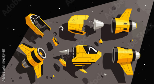 disassembled spaceship and modular spacecraft parts illustrate a space exploration engineering puzzle or a broken rocket.