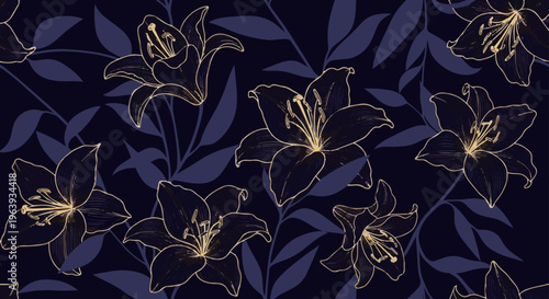 lily flowers seamless pattern floral background botanical design dark blue perfect for textile design.