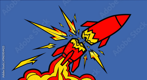 rocket explosion and spaceship crash in a blue sky illustrating a critical launch failure due to technical malfunction symbolizing project setback
