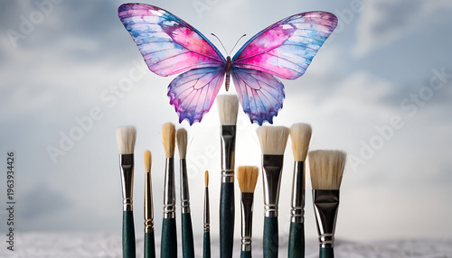 A professional face painting illustration showing a set of clean paint brushes in the foreground, arranged naturally on a light surface. Behind them, a colorful butterfly appears 
