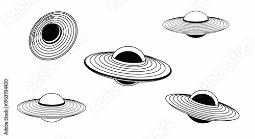 ufo flying saucer collection mysterious alien spaceship illustrations classic retro future concept perfect for science fiction graphic design.