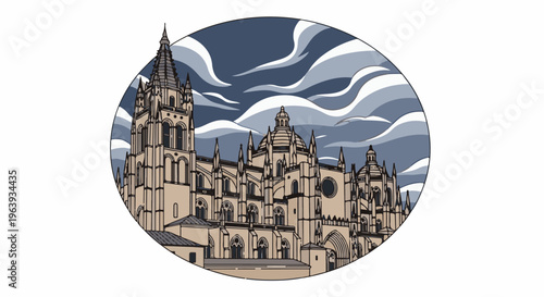 A stylized, pixelated, grand cathedral with domed roofs and spires under a cloudy sky