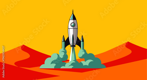 rocket launch for space exploration from a desert landscape depicting a futuristic spaceship takeoff.