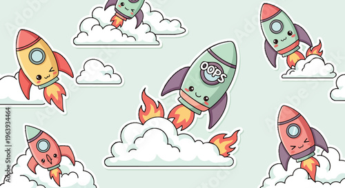 cute cartoon rockets in kawaii style flying and crashing into clouds one displaying an oops error ideal for playful space adventures.