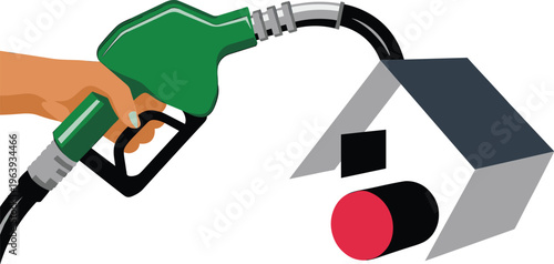 Fuel nozzle filling car tank concept, gasoline refueling process illustration with petrol pump handle and vehicle, energy consumption flat vector design