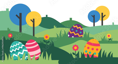decorated easter eggs hidden in a vibrant spring landscape with rolling green hills and colorful flowers ideal for holiday themes