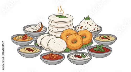 A vibrant illustration of South Indian breakfast items including idli, vada, and various chutneys
