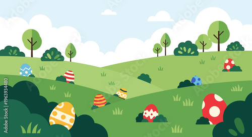 easter egg hunt in a vibrant spring landscape with hidden decorated eggs on rolling green hills for holiday celebration