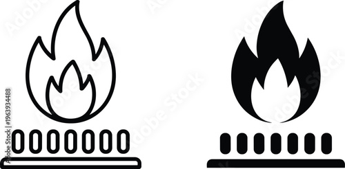 Gas stove flame icon set with outline and solid styles, cooking burner heat symbol minimal vector illustration design