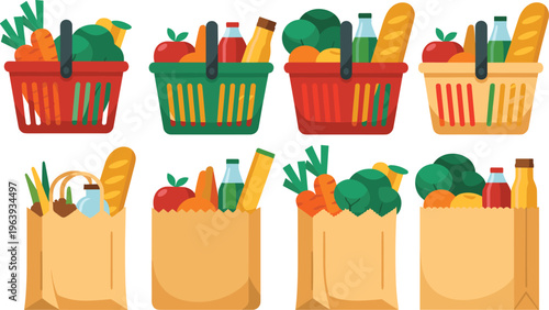 Grocery shopping set with baskets and paper bags, fresh food products, fruits, vegetables and drinks, supermarket vector illustration collection