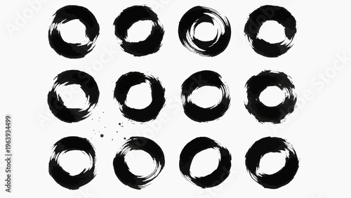 enso brush stroke circle black ink grunge texture abstract hand-drawn rings on white background ideal for modern design.