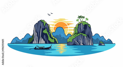 A tropical bay with limestone karsts, palm trees, and a longtail boat at sunset