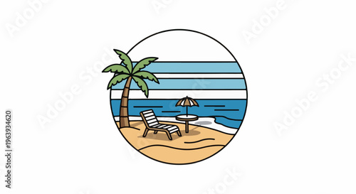 A tropical beach scene with a palm tree, lounge chair, table, and umbrella