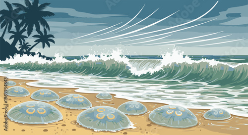 A tropical beach scene with palm trees and waves, featuring many jellyfish washed ashore