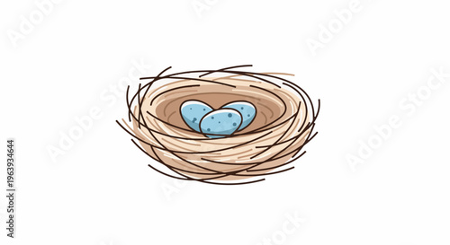 A twig nest cradles three speckled blue eggs