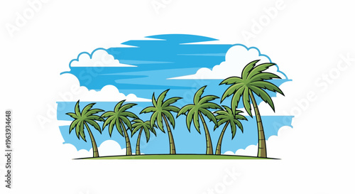 A tropical scene with a row of palm trees under a bright blue sky
