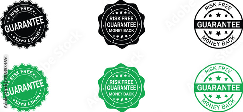 A collection of six circular risk free money back guarantee badges in black and green colors. isolated on transparent background, Vector